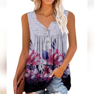 Floral Sleeveless Tunic Cami Top Blue Gray With Purple Pink Flowers XXL